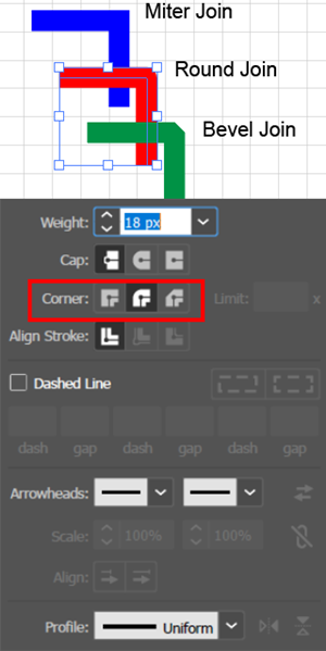 Screenshot showing the Corner Joins Settings in Stroke Panel.