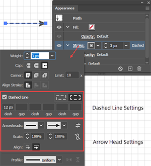 Illustration showing how to set the options for Dashes and Arrows in the Appearance panel.