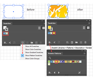 Illustration showing how to apply a Pattern Fill from the Swatches Panel and the Library