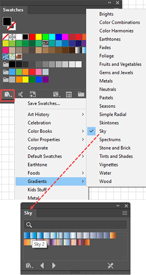 Illustration showing how to Open the Gradient Libraries from the Swatches Panel