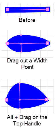 Before and after comparison of editing the width of a stroke using the Width tool. 