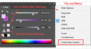 Adobe Illustrator Color Panel showing the Fly-out Menu, Warning Indicators, and the Create New Swatches Option.