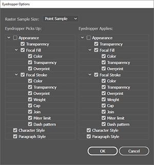 Illustration of how to set what attributes the Eyedropper should copy and what attributes it should paste.