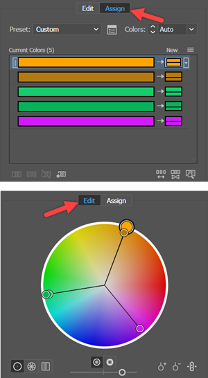 The alternative panels, Assign panel and the Edit panel, of the Color Remapping Area of the Recolor Artwork Dialog