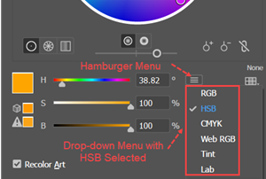 Illustration of the Color Slider Dropdown Menu in the Recolor Artwork panel