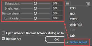 Recolor Artwork sliders for making global changes to Saturation, Brightness, Temperature, and Luminance