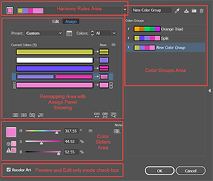 Areas of the Recolor Artwork Dialog when it is expanded.