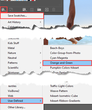 Swatches panel Library dropdown menu, showing the items for saving and using a User Defined Library.