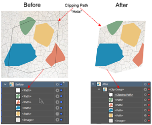 Before and after creating a clipping mask from the objects in a Layer