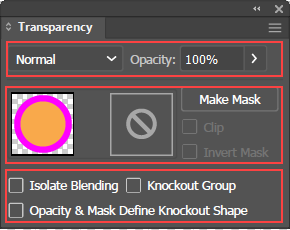 Three main areas of the Transparency panel.