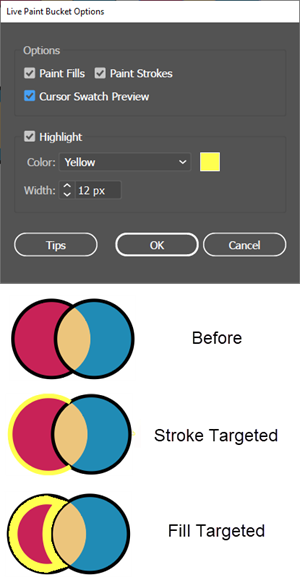 Illustration of Targeting Fills and Strokes for Coloring with the Live Paint Bucket tool.