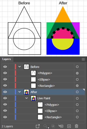 Example of a figure before and after coloring with the Live Paint tool