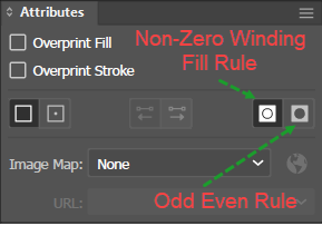 Illustration of the Attribute panel controls for toggling between the Non-Zero Winding fill rule and the Odd-Even fill rule.