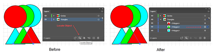 Illustration showing how to use the Layers panel's Locate Object tool to find the Layers panel entry of a selected Artboard object.