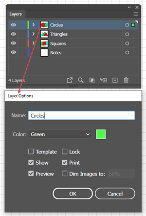 Illustration of updating a Layer's properties via the Layers panel and the Layer Options dialog.