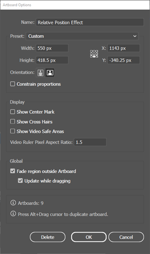 Screenshot of the Artboard Options Dialog.