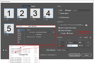 Example of the Export Artboards Dialog, the Format Settings Dialog, and the Resulting Files