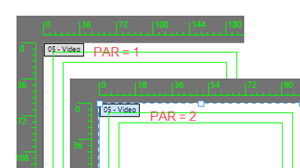 Illuatration comparing 2 Video Rulers with Pixel Aspect Ratios set to 1 and 2.