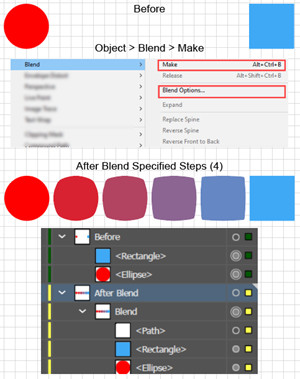 Illustration of creating Blending Objects with the Blend Command.