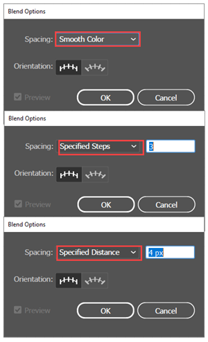 Illustration of setting the 3 Blend Object Spacing Options.