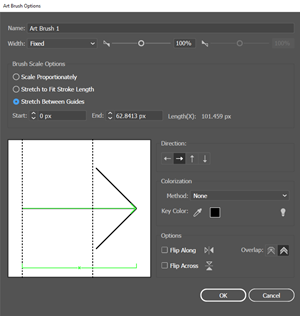 Art Brush Options dialog with the 'Stretch Between Guides' option selected and the Preview Box showing the Guides.