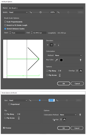 Illustration comparing the dialog for Creating an Art Brush with the dialog for Modifying an Instance of an Art Brush.