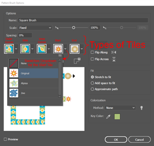 Illustration of the Pattern Brush Options Dialog showing dropdown that you use to choosing a Swatch to associate with a Tile