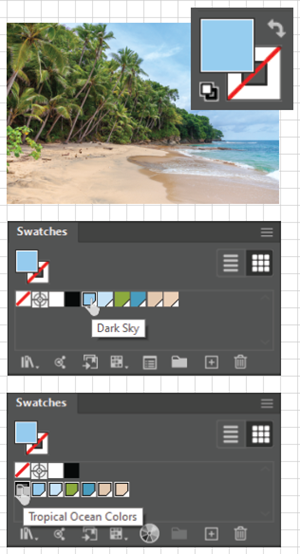 Illustration the steps in creating a Color Group by transferring colors from an image.