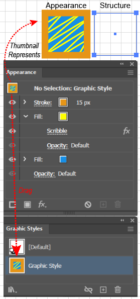 Illustration of saving a Style from the Appearance Panel to the Graphic Styles panel.