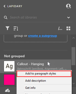 Illustration of how to Add a Paragraph Style from a Creative Cloud Library to the Paragraph Styles Panel.