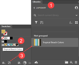 Illustration of how to add a Color Group from the Swatches Panel to a CC Library.