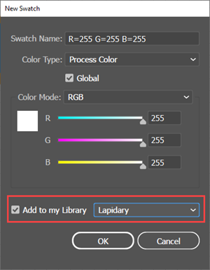 Illustration of how to add a swatch from the Swatches panel to a CC Library.