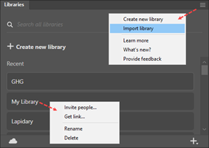 Illustration of the Window > Libraries panel for adding and modifying entire Creative Cloud libraries.