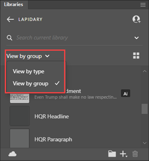 Illustration of Switching  between Type View and Group View in a Creative Cloud Library.