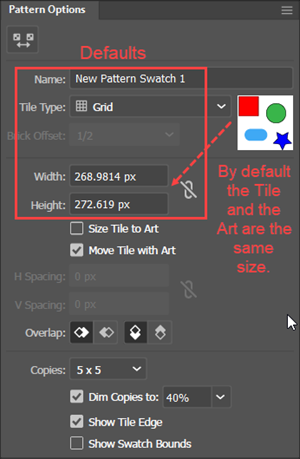Illustration of The Pattern Options dialog, showing the default values that apply when you create a new Pattern Swatch.