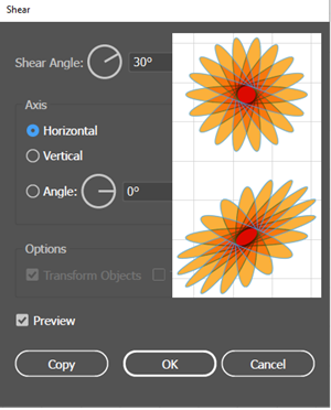 Illustration of doing a Shear Transformation using the Shear Dialog.