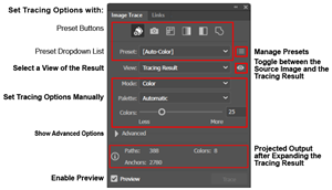 Functional layout of the Image Trace panel.