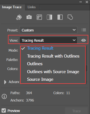 Illustration of the 5 views of the result of a Trace that you can choose from in the Image Trace panel.