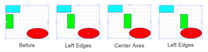 Illustration of Distributing Objects Relative to a Selection and 3 Different Horizontal Axes