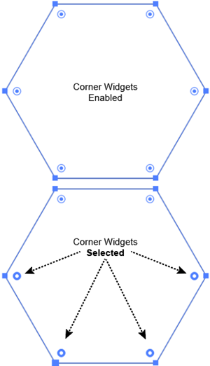 Illustration of Corner Widgets selected with the Direct Selection tool to prepare them for editing with the Corners control.