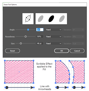 Illustration showing that After erasing, the Eraser tool reapplies the original path's attributes and so preserves the original, fills, strokes, and effects.