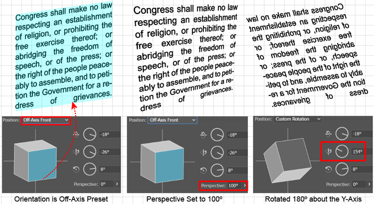 Examples of the 3D Rotate Effect applied to a text block.