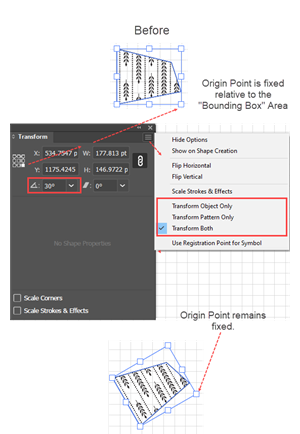 Illustration of how to use the Transform Panel to set fixed Reference Point and rotate the object around it.