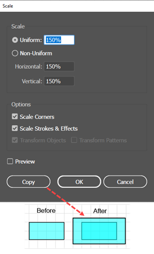 Illustration of using the Scale tool dialog.