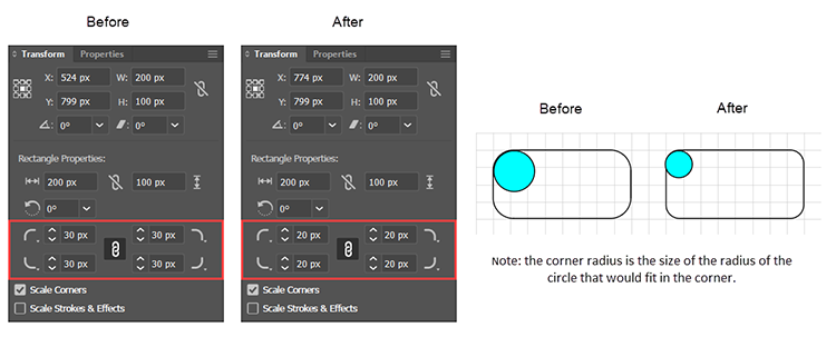 Adjusting a Live Shape with Transformation panel in Adobe Illustrator.