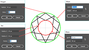 How the box-oriented Ellipse and the radius-oriented Polygon and Star tools are related in Adobe Illustrator.