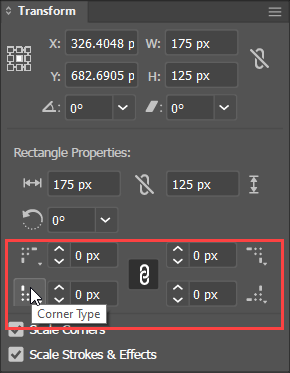 Set Corner Widgets' curvature and style using the  Transformation Panel in Adobe Illustrator.