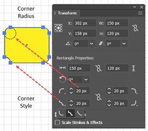 Use the Transformation Panel to change the radius of a Corner Widget in Adobe Illustrator.