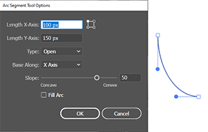 Illustration showing that the Arc Tool Options dialog showing that the tool fits the arc into an imaginary rectangle.