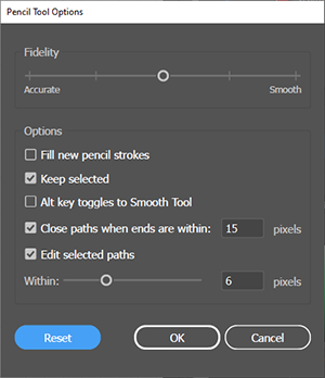 Pencil Tool Options Dialog in Adobe Illustrator - Showing Default Settings.